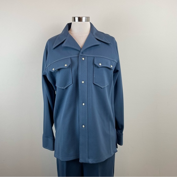 Big Yank Vintage Union Made Polyester Double Knit Dress Pants Shirt Set Men Blue - Picture 2 of 11